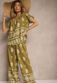 Renee - Zielono-Biały Komplet z Bawełny Spodnie o Szerokim Kroju i Koszula ze Wzorem Paisley Pavenn. Kolor: zielony. Materiał: bawełna. Wzór: paisley
