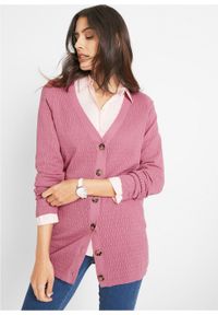 Sweter rozpinany w ażurowy wzór bonprix jeżynowy sorbetowy. Kolor: fioletowy. Wzór: ażurowy #3