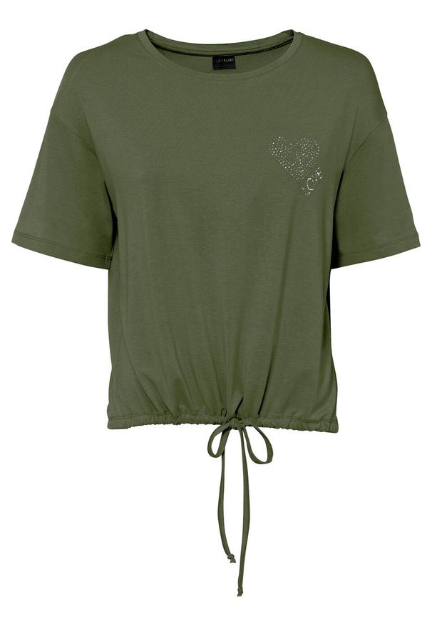 Shirt z ozdobnymi sztrasami bonprix ciemny khaki. Kolor: zielony. Materiał: materiał. Wzór: aplikacja