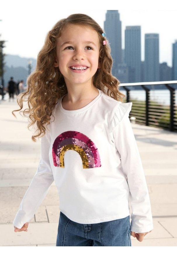 Sinsay - Koszulka z długimi rękawami z ozdobnymi cekinami i falbanami - biały. Kolor: biały. Długość rękawa: długi rękaw. Długość: długie