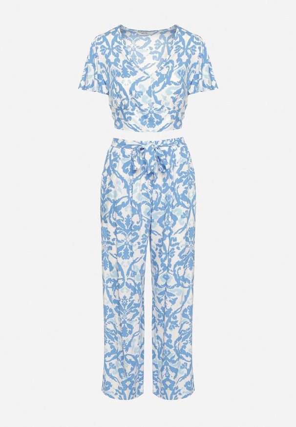 Born2be - Niebieski Komplet z Krótkim T-shirtem i Spodniami w Ornamentalny Wzór z Bawełny Oliani. Kolor: niebieski. Materiał: bawełna