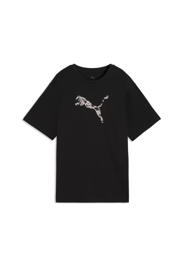 Puma - Damska luźna koszulka Essentials ze zwierzęcym nadrukiem PUMA. Kolor: czarny. Wzór: motyw zwierzęcy, nadruk
