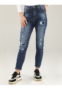 Unisono - GRANATOWE SPODNIE Z DENIMU 191-2093 BLU SCU. Kolor: niebieski. Materiał: denim