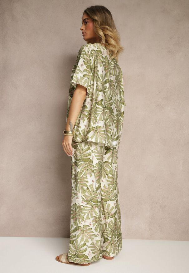Renee - Ciemnozielony Komplet z Wiskozy Zdobiony Roślinnym Printem T-shirt i Szerokie Spodnie Evialena. Kolor: zielony. Materiał: wiskoza. Wzór: nadruk, aplikacja