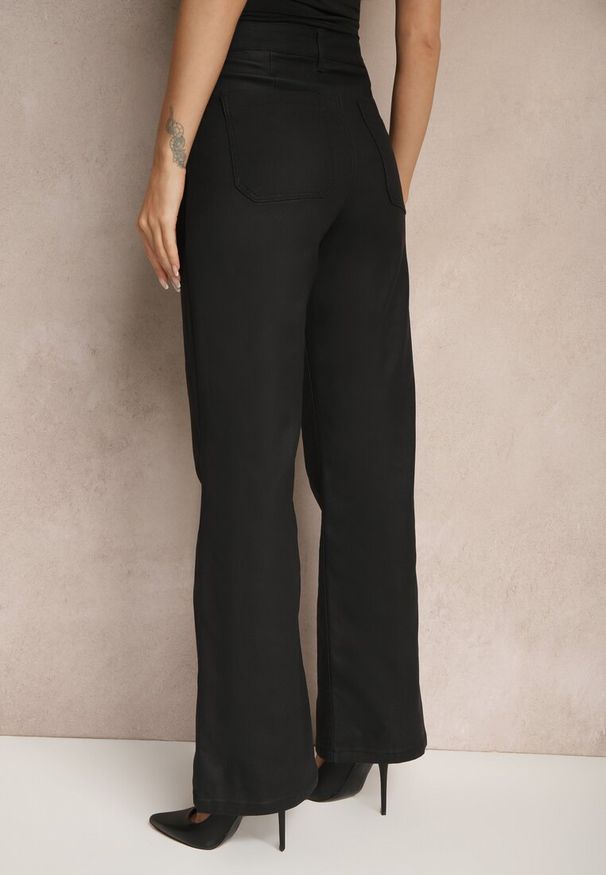 Renee - Czarne Spodnie o Szerokim Kroju High Waist z Ekoskóry Noralys. Okazja: na spotkanie biznesowe, na co dzień. Stan: podwyższony. Kolor: czarny. Styl: casual, elegancki, biznesowy