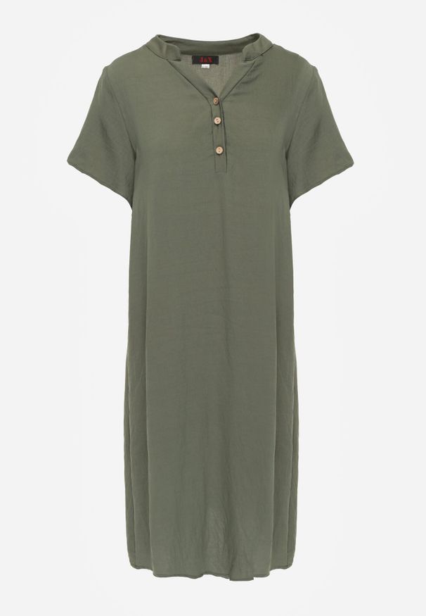 Born2be - Ciemnozielona Wiskozowa Sukienka o Pudełkowym Kroju z Dekoltem V z Guzikami Berborin. Okazja: na co dzień, do pracy. Kolekcja: plus size. Kolor: zielony. Materiał: wiskoza. Typ sukienki: proste, dla puszystych. Styl: casual, klasyczny