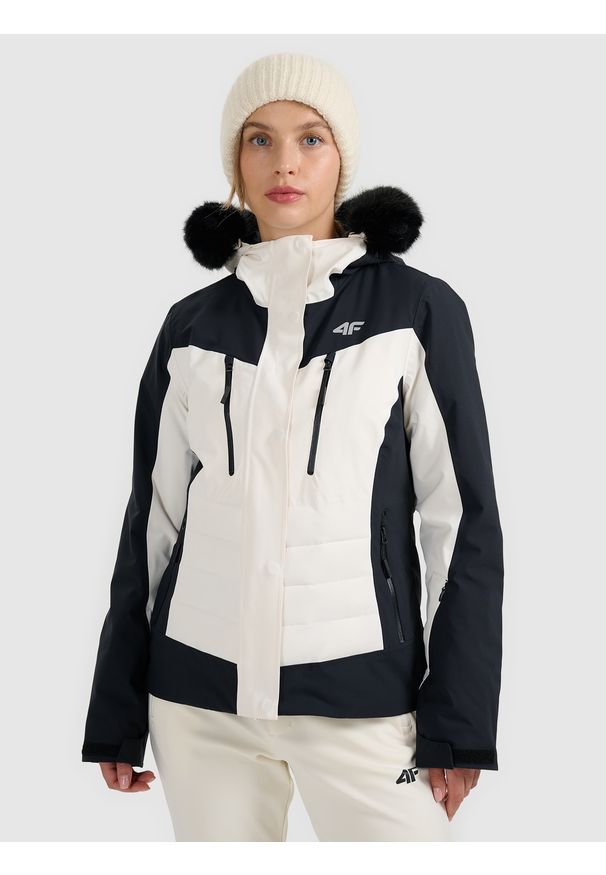 4f - 4F Kurtka narciarska membrana 10000 damska - biała S. Kolor: biały. Materiał: poliester, skóra, materiał, futro. Wzór: gładki. Sezon: zima