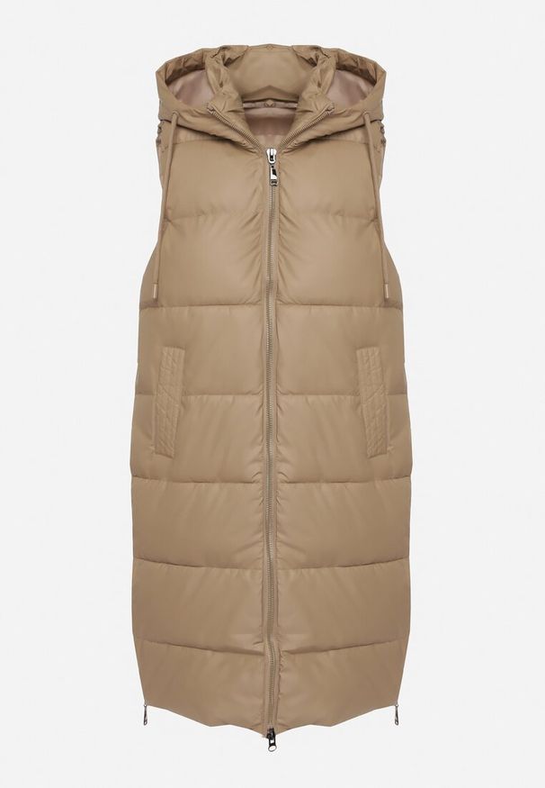 Born2be - Ciemnobeżowa Pikowana Kamizelka z Kapturem i Obustronnym Suwakiem Trilasa. Typ kołnierza: kaptur. Kolor: beżowy. Styl: elegancki