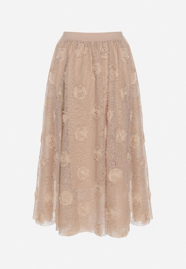 Born2be - Beżowa Rozkloszowana Spódnica ze Strukturalnej Tkaniny z Gumką w Talii Folenne. Okazja: na co dzień. Kolor: beżowy. Materiał: tkanina. Styl: elegancki, casual