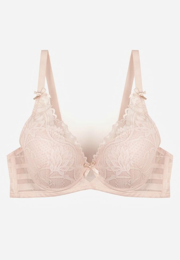 Renee - Jasnoróżowy Biustonosz Ozdobiony Koronką i Kokardkami Sellene. Kolor: różowy. Materiał: koronka. Wzór: aplikacja, koronka