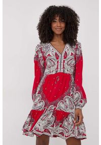TwinSet - Twinset sukienka kolor czerwony mini rozkloszowana. Kolor: czerwony. Materiał: tkanina. Długość rękawa: długi rękaw. Typ sukienki: rozkloszowane. Długość: mini #4