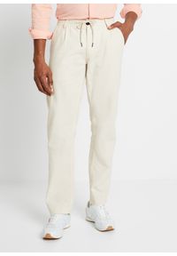 bonprix - Spodnie chino z gumką, Regular Fit Straight, z materiału z domieszką lnu. Kolor: beżowy. Materiał: len, materiał