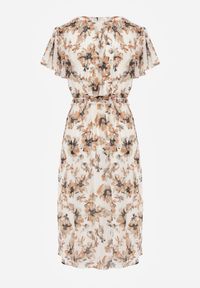 Born2be - Beżowo-Pomarańczowa Kopertowa Sukienka w Kwiaty z Wiązanym Paskiem i Brokatem Hilingea. Okazja: na imprezę, do pracy, na co dzień. Kolor: pomarańczowy. Wzór: kwiaty. Typ sukienki: kopertowe. Styl: casual, elegancki. Długość: midi #5