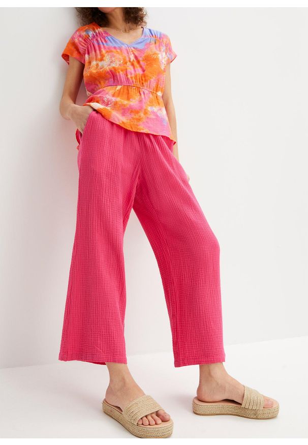 bonprix - Muślinowe spodnie culotte z bawełny. Kolor: różowy. Materiał: bawełna. Styl: elegancki