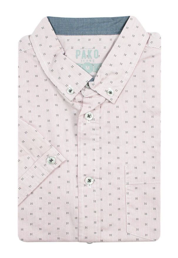 Pako Jeans - Koszula Męska, Czerwona w Drobny Wzór, Bawełniana, Casualowa, Krótki Rękaw, z Kieszonką -PAKO JEANS. Okazja: na co dzień. Kolor: czerwony. Materiał: bawełna. Długość rękawa: krótki rękaw. Długość: krótkie. Styl: casual