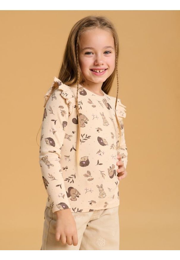 Sinsay - Koszulka z długimi rękawami - beżowy. Kolor: beżowy. Materiał: prążkowany, materiał. Długość rękawa: długi rękaw. Długość: długie. Wzór: motyw zwierzęcy