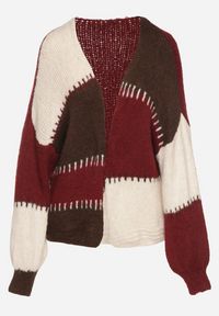 Born2be - Bordowy Kardigan z Wełną i Wiskozą w Patchworkowe Łaty Fesunesa. Okazja: na co dzień. Kolor: czerwony. Materiał: wełna, wiskoza. Styl: klasyczny, casual #7
