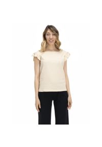 LEONE 1947 APPAREL - T-shirt damski z falbaną w kolorach ziemi. Kolor: biały, wielokolorowy, beżowy. Materiał: tkanina. Sport: fitness