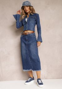Renee - Niebieska Jeansowa Spódnica Midi z Paskiem i Ozdobnym Rozcięciem Amaias. Kolor: niebieski. Materiał: jeans