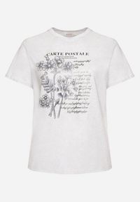 Born2be - Jasnoszary T-shirt z Bawełny z Metalicznym Nadrukiem Olianea. Okazja: na co dzień. Kolor: szary. Materiał: bawełna. Wzór: nadruk. Styl: klasyczny, casual #4