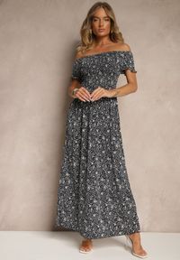 Renee - Granatowa Kwiatowa Sukienka z Bufiastymi Rękawami Lumorelle. Okazja: na co dzień. Kolor: niebieski. Wzór: kwiaty. Styl: klasyczny, elegancki, casual