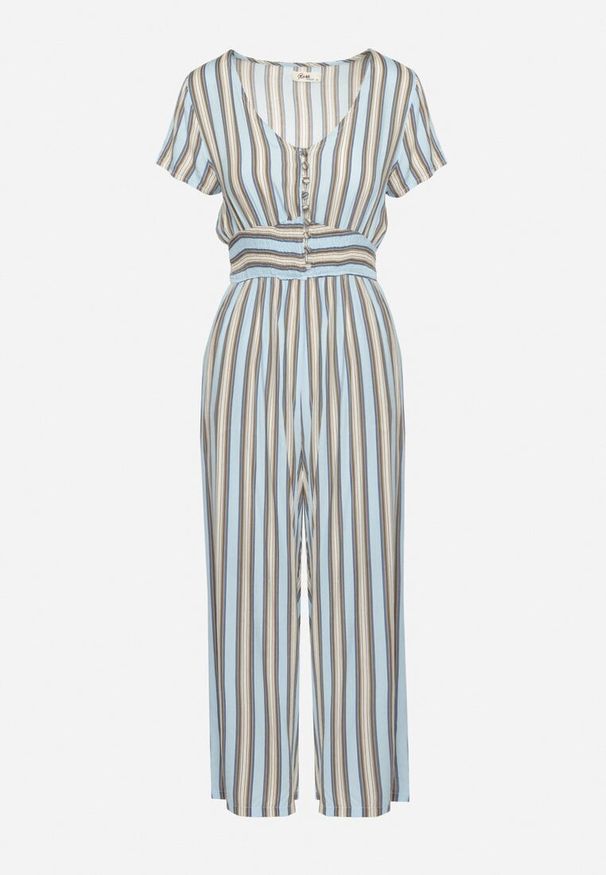 Born2be - Niebieski Wiskozowy Kombinezon z Guzikami przy Dekolcie i Elastyczną Gumką w Talii Tinaleias. Okazja: do pracy, na co dzień. Kolor: niebieski. Materiał: wiskoza. Długość: długie. Wzór: aplikacja. Styl: klasyczny, casual