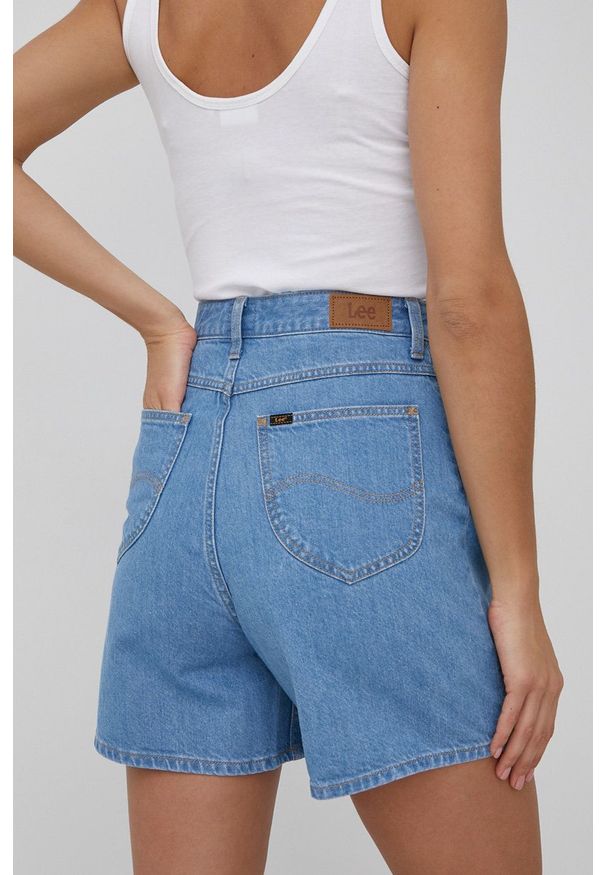 Lee szorty jeansowe damskie gładkie high waist. Okazja: na co dzień. Stan: podwyższony. Kolor: niebieski. Materiał: jeans. Wzór: gładki. Styl: casual