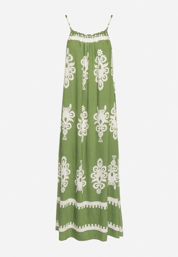 Born2be - Zielona Sukienka o Rozkloszowanym Kroju na Ramiączkach w Etniczny Wzór Revoniae. Okazja: na co dzień. Typ kołnierza: dekolt w kształcie V. Kolor: zielony. Długość rękawa: na ramiączkach. Styl: casual, elegancki