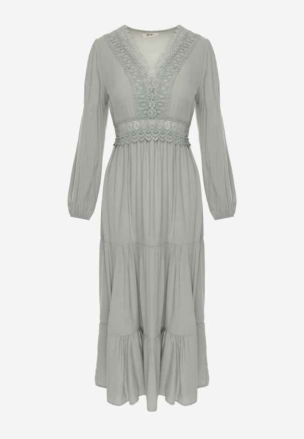 Born2be - Zielona Rozkloszowana Sukienka z Koronką Brightyn. Kolor: zielony. Materiał: koronka. Wzór: koronka. Długość: maxi