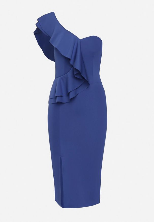 Born2be - Granatowa Koktajlowa Sukienka Bodycon na Jedno Ramię Ozdobiona Falbanką Uvalia. Okazja: na imprezę. Kolor: niebieski. Materiał: dzianina. Wzór: aplikacja. Typ sukienki: bodycon. Styl: wizytowy