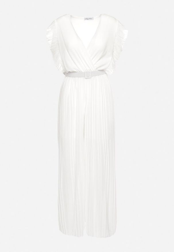 Born2be - Biały Plisowany Kombinezon z Szerokimi Nogawkami i Wiązanym Paskiem Audra. Okazja: na co dzień. Typ kołnierza: kołnierz z falbankami, dekolt kopertowy. Kolor: biały. Sezon: wiosna, lato. Typ sukienki: plisowane. Styl: casual, elegancki