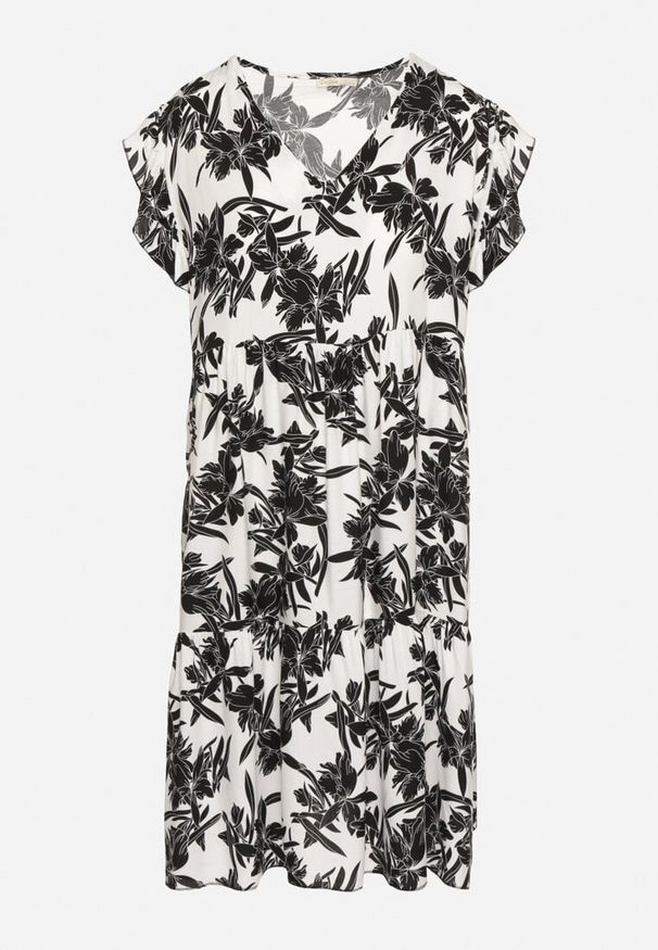 Born2be - Biała Bawełniana Sukienka o Rozkloszowanym Kroju w Kwiaty Libella. Okazja: do pracy, na co dzień. Kolor: biały. Materiał: bawełna. Wzór: kwiaty. Typ sukienki: rozkloszowane, proste. Styl: casual, elegancki