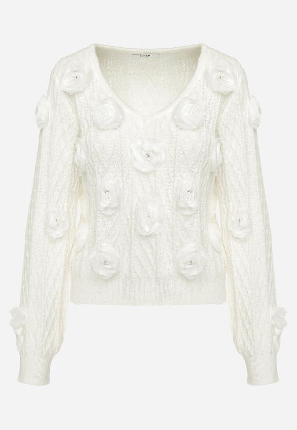 Born2be - Biały Sweter z Wełną Ozdobiony Różami z Cyrkoniami Anires. Kolor: biały. Materiał: wełna. Wzór: aplikacja