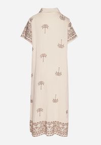 Born2be - Beżowa Pudełkowa Sukienka z Wiskozą o Koszulowym Kroju Zdobiona Haftem Sanori. Okazja: na co dzień. Kolor: beżowy. Materiał: wiskoza. Długość rękawa: krótki rękaw. Wzór: aplikacja, haft. Typ sukienki: koszulowe. Styl: klasyczny, casual #2