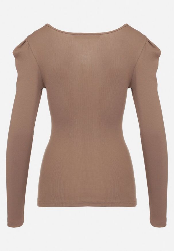 Born2be - Brązowa Bawełniana Bluzka z Prążkowanego Materiału z Metaliczną Aplikacją Esaloren. Kolor: brązowy. Materiał: prążkowany, bawełna, materiał. Wzór: aplikacja. Styl: klasyczny