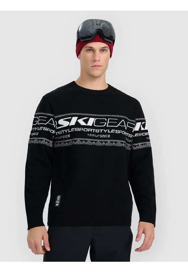 4f - 4F Sweter loose z wełną męski - czarny M. Okazja: na co dzień. Kolor: czarny. Materiał: wełna. Długość rękawa: raglanowy rękaw. Styl: casual