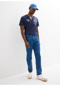 bonprix - Koszulka z czystej bawełny organicznej z dekoltem henley i krótkim rękawem. Typ kołnierza: typu henley. Kolor: niebieski. Materiał: bawełna. Długość rękawa: krótki rękaw. Długość: krótkie. Wzór: nadruk, aplikacja #2