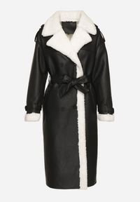 Born2be - Czarny Dwurzędowy Płaszcz z Imitacji Skóry z Wiązanym Paskiem i Futrem Guritte. Okazja: na co dzień. Typ kołnierza: golf. Kolor: czarny. Materiał: futro, skóra. Długość rękawa: długi rękaw. Długość: długie. Styl: casual, elegancki, klasyczny #7