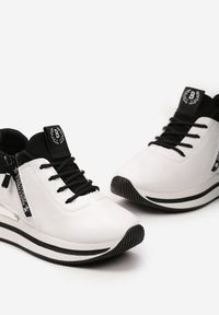 Born2be - Biało-Czarne Sneakersy z Ozdobnym Suwakiem na Grubej Podeszwie Leavona. Nosek buta: okrągły. Zapięcie: sznurówki. Kolor: biały. Materiał: materiał. Obcas: na obcasie. Wysokość obcasa: niski #6