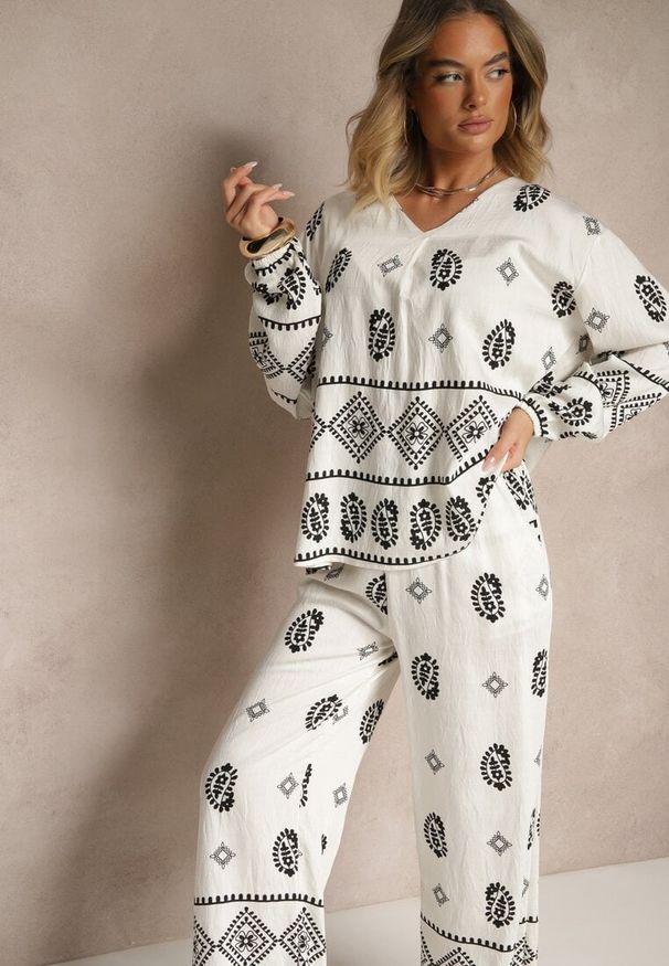 Renee - Biało-Czarny Komplet w Stylu Etno Spodnie z Gumką w Pasie i Bluzka Oversize Eviralyn. Kolor: biały