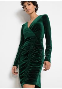 bonprix - Sukienka aksamitna z marszczeniem. Kolor: zielony