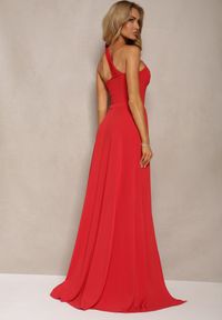 Renee - Czerwona Sukienka o Rozkloszowanym Kroju na Jedno Ramię z Głębokim Rozcięciem Efiela. Kolor: czerwony. Materiał: tkanina