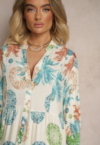 Renee - Jasnoniebieska Sukienka z Wiskozy Rozkloszowana w Print Boho Aedia. Okazja: na co dzień. Typ kołnierza: dekolt w serek. Kolor: niebieski. Materiał: wiskoza. Wzór: nadruk. Styl: boho #3