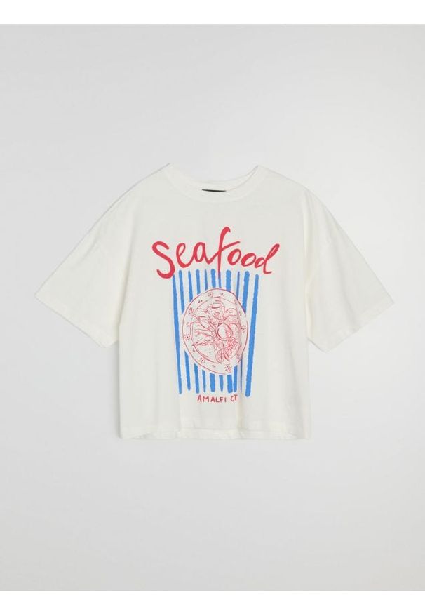 Sinsay - Bawełniana koszulka z napisem Seafood - biały. Kolor: biały. Materiał: bawełna. Wzór: napisy