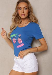 Renee - Granatowy T-shirt Bawełniany z Nadrukiem i Cyrkoniami Ebilane. Kolor: niebieski. Materiał: bawełna. Wzór: nadruk. Sezon: lato #3