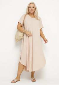 Born2be - Beżowa Rozkloszowana Sukienka z Bawełną Elzedia. Okazja: na co dzień. Kolor: beżowy. Materiał: bawełna. Typ sukienki: rozkloszowane. Styl: casual, elegancki #2