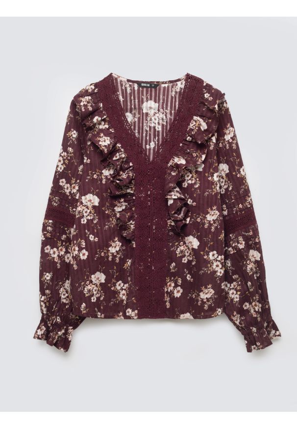 Big-Star - Bluzka damska z kwiatowym nadrukiem ciemnobrązowa Zala 804. Okazja: na co dzień. Typ kołnierza: kołnierz z falbankami, dekolt w kształcie V. Kolor: brązowy. Materiał: koronka. Wzór: nadruk, kwiaty. Styl: casual, boho