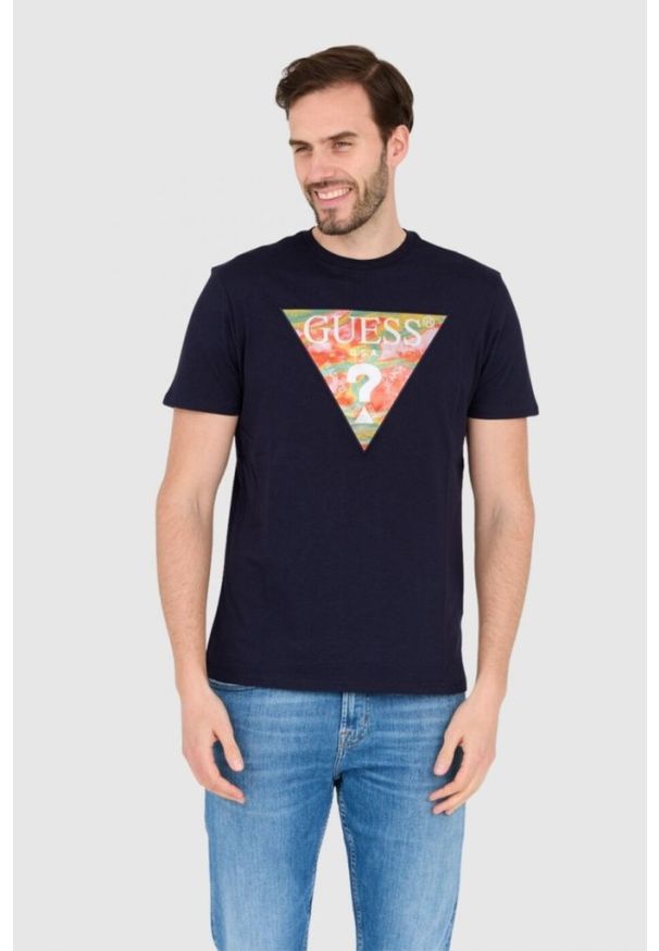 Guess - GUESS Granatowy bawełniany męski T-shirt slim fit, Rozmiar XXL. Kolor: niebieski. Materiał: bawełna. Wzór: aplikacja