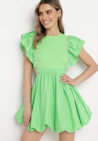 Born2be - Zielona Sukienka Altheia. Kolor: zielony. Materiał: bawełna, tkanina, tiul. Wzór: jednolity, aplikacja. Typ sukienki: bombki. Styl: klasyczny. Długość: mini