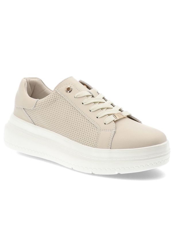 Beżowe Sneakersy Filippo Wygodne Obuwie Damskie. Okazja: na co dzień. Zapięcie: sznurówki. Kolor: beżowy. Materiał: materiał. Szerokość cholewki: normalna